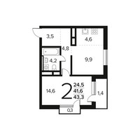Планировка двухкомнатной(квартира) площадью 43.3 квадратных метров в “Новые Ватутинки. Заречный”