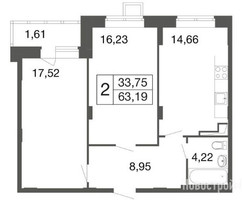 Планировка двухкомнатной(квартира) площадью 63.19 квадратных метров в “ЖК Времена года”