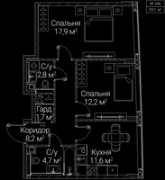 Планировка двухкомнатной(квартира) площадью 59.1 квадратных метров в “ЖК СЕЗАР БУДУЩЕЕ”