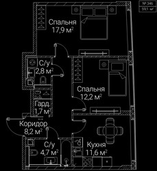 Планировка двухкомнатной(квартира) площадью 59.1 квадратных метров в ЖК “ЖК СЕЗАР БУДУЩЕЕ”