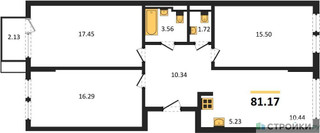 Планировка трехкомнатной(квартира) площадью 81.17 квадратных метров в “ЖК Остафьево”