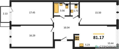 Планировка трехкомнатной(квартира) площадью 81.17 квадратных метров в ЖК “ЖК Остафьево”