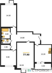 Планировка трехкомнатной(квартира) площадью 77.9 квадратных метров в ЖК “ЖК 1-й Ленинградский (Первый Ленинградский)”