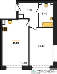 Планировка однокомнатной(квартира) площадью 44.8 квадратных метров в ЖК “ЖК Wave (Вейв)”