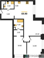 Планировка двухкомнатной(квартира) площадью 69.9 квадратных метров в “ЖК Upside Towers (Апсайд Тауэрс)”