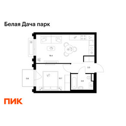 Планировка однокомнатной(квартира) площадью 37.1 квадратных метров в ЖК “ЖК Белая Дача парк”