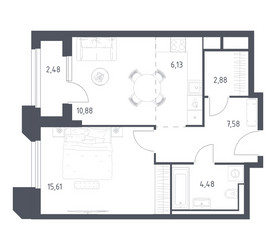 Планировка однокомнатной(апартаменты) площадью 50.04 квадратных метров в ЖК “ЖК Скай Спутник”