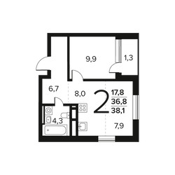 Планировка двухкомнатной(квартира) площадью 38.1 квадратных метров в ЖК “Новые Ватутинки. Заречный”