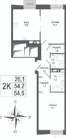 Планировка двухкомнатной(квартира) площадью 54.2 квадратных метров в “ЖК КИНОКВАРТАЛ”