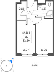 Планировка однокомнатной(апартаменты) площадью 32.5 квадратных метров в ЖК “ЖК Волковская 67”