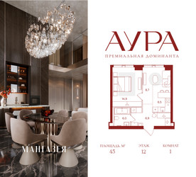 Планировка однокомнатной(квартира) площадью 43 квадратных метров в ЖК “ЖК АУРА”