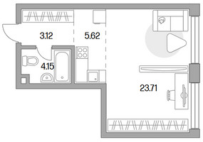 Планировка однокомнатной(квартира) площадью 38.12 квадратных метров в “ЖК MYPRIORITY Mnevniki (Май Приорити Мневники)”