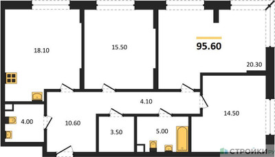 Планировка трехкомнатной(квартира) площадью 95.6 квадратных метров в ЖК “ЖК Переделкино Ближнее”