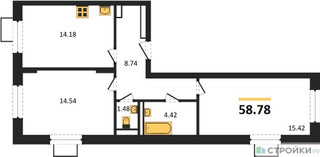 Планировка двухкомнатной(квартира) площадью 58.78 квадратных метров в “ЖК Квартал Строгино”