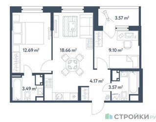 Планировка двухкомнатной(квартира) площадью 53.47 квадратных метров в ЖК “ЖК Светлый мир Станция Л”