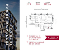 Планировка трехкомнатной(квартира) площадью 138.73 квадратных метров в “ЖК Преображенская Площадь”