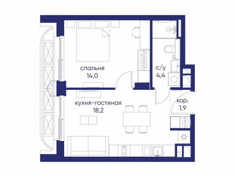 Планировка однокомнатной(квартира) площадью 38.52 квадратных метров в ЖК “ЖК Остров”