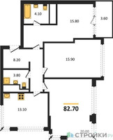 Планировка трехкомнатной(квартира) площадью 83.2 квадратных метров в “ЖК VERY на Миклухо-Маклая (Вери на Миклухо-Маклая)”