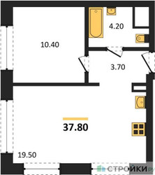 Планировка однокомнатной(квартира) площадью 37.8 квадратных метров в ЖК “ЖК Wave (Вейв)”