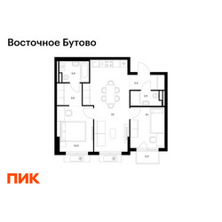 Планировка двухкомнатной(квартира) площадью 56.9 квадратных метров в ЖК “ЖК Восточное Бутово”