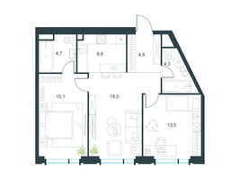 Планировка трехкомнатной(квартира) площадью 66.8 квадратных метров в “ЖК Level Академическая”