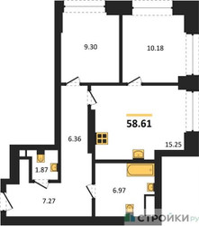 Планировка двухкомнатной(квартира) площадью 58.61 квадратных метров в ЖК “ЖК Sezar City (Сезар Сити)”