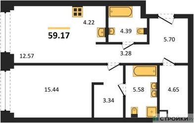Планировка однокомнатной(квартира) площадью 59.17 квадратных метров в ЖК “ЖК NOVA (Нова)”