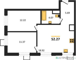 Планировка двухкомнатной(квартира) площадью 52.27 квадратных метров в “ЖК Квартал Тетрис”