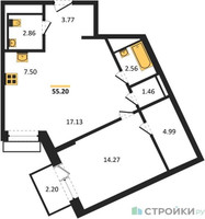 Планировка однокомнатной(квартира) площадью 55.2 квадратных метров в “ЖК Рублевский Квартал”