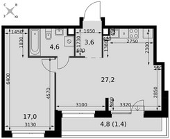 Планировка двухкомнатной(квартира) площадью 53.8 квадратных метров в “ЖК Симоновский вал”