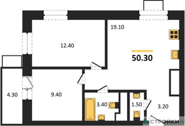 Планировка двухкомнатной(квартира) площадью 50.3 квадратных метров в ЖК “ЖК Союзный”