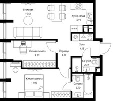 Планировка двухкомнатной(квартира) площадью 56.51 квадратных метров в “ЖК Сити Бэй”
