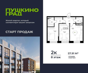 Планировка двухкомнатной(квартира) площадью 57.91 квадратных метров в ЖК “ЖК Пушкино Град”