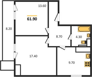 Планировка двухкомнатной(квартира) площадью 62 квадратных метров в ЖК “ЖК Парк Легенд 2”