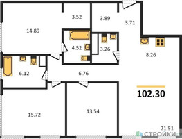 Планировка трехкомнатной(квартира) площадью 102.3 квадратных метров в “ЖК Собрание клубных домов West Garden (Вест Гарден)”