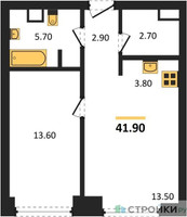 Планировка однокомнатной(квартира) площадью 41.9 квадратных метров в “ЖК Upside Towers (Апсайд Тауэрс)”