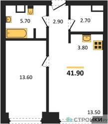 Планировка однокомнатной(квартира) площадью 41.9 квадратных метров в ЖК “ЖК Upside Towers (Апсайд Тауэрс)”