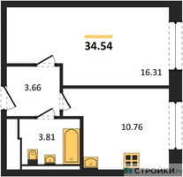 Планировка однокомнатной(квартира) площадью 34.54 квадратных метров в “ЖК Молжаниново”
