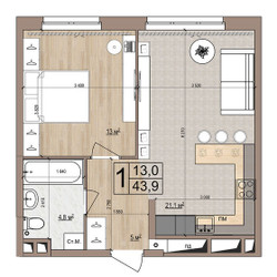 Планировка однокомнатной(квартира) площадью 43.9 квадратных метров в ЖК “ЖК Гранд Комфорт”
