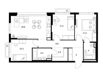 Планировка трехкомнатной(квартира) площадью 75.3 квадратных метров в ЖК “ЖК Зеленый парк”