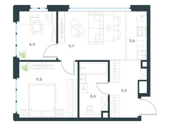 Планировка трехкомнатной(квартира) площадью 44.9 квадратных метров в ЖК “ЖК Level Южнопортовая”