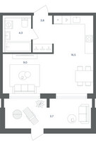 Планировка однокомнатной(квартира) площадью 37.3 квадратных метров в “ЖК Равновесие”
