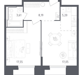Планировка однокомнатной(апартаменты) площадью 51.6 квадратных метров в ЖК “ЖК Скай Спутник”