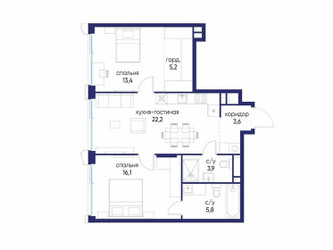 Планировка двухкомнатной(квартира) площадью 70.22 квадратных метров в ЖК “ЖК Остров”