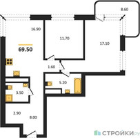 Планировка двухкомнатной(квартира) площадью 69.5 квадратных метров в “Кутузов Сити”