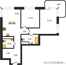 Планировка двухкомнатной(квартира) площадью 69.5 квадратных метров в ЖК “Кутузов Сити”