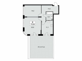 Планировка двухкомнатной(квартира) площадью 73 квадратных метров в “ЖК Прокшино”