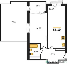Планировка однокомнатной(апартаменты) площадью 55.1 квадратных метров в ЖК “ЖК Равновесие”