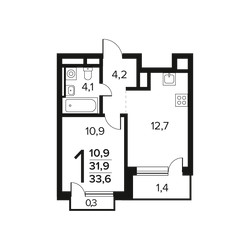 Планировка однокомнатной(квартира) площадью 33.6 квадратных метров в ЖК “Новые Ватутинки. Заречный”