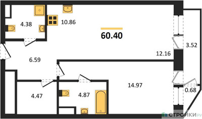 Планировка однокомнатной(квартира) площадью 60.4 квадратных метров в ЖК “Квартал Foriver”